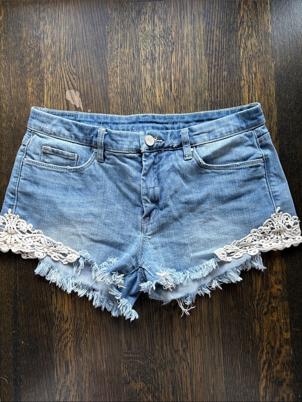 Light Wash Denim Crochet-Trim Women's Shorts
